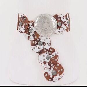 1210. Elegant Brown and White Patterned Faux Leather Belt with Silver Accents